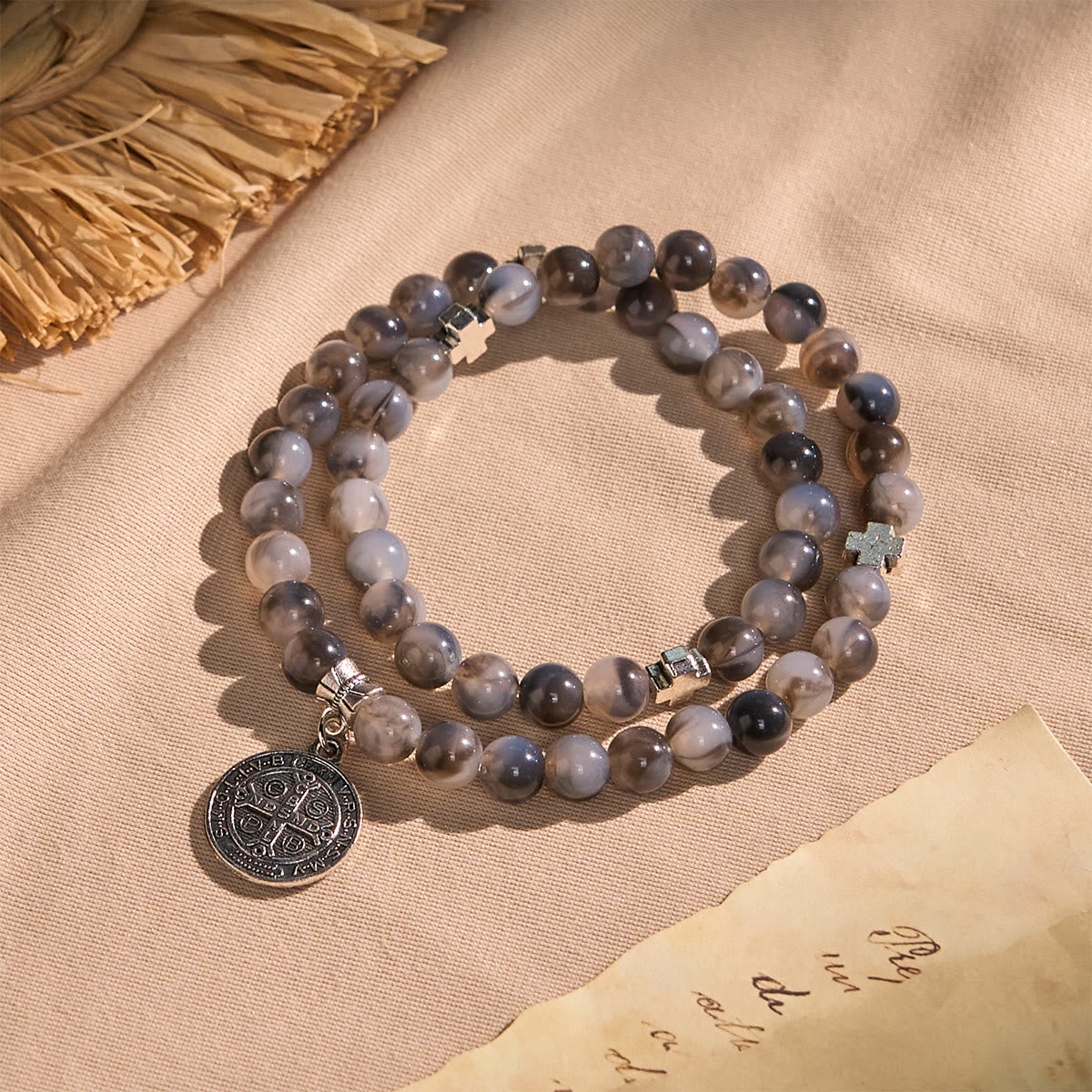 Gray Black Gradient Beads Bracelet Rosary with St. Benedict