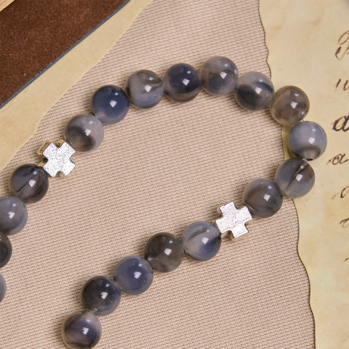 Gray Black Gradient Beads Bracelet Rosary with St. Benedict