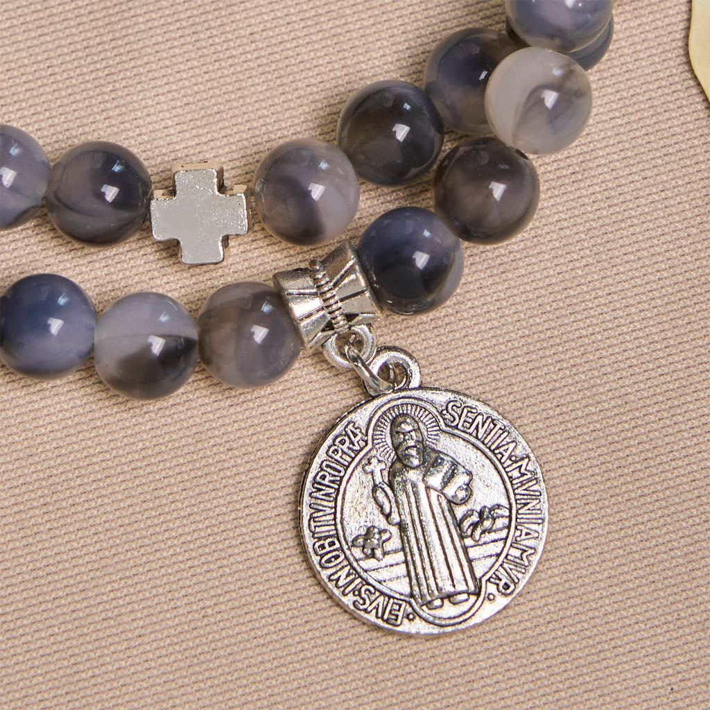 Gray Black Gradient Beads Bracelet Rosary with St. Benedict