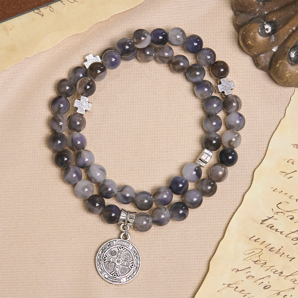 Gray Black Gradient Beads Bracelet Rosary with St. Benedict