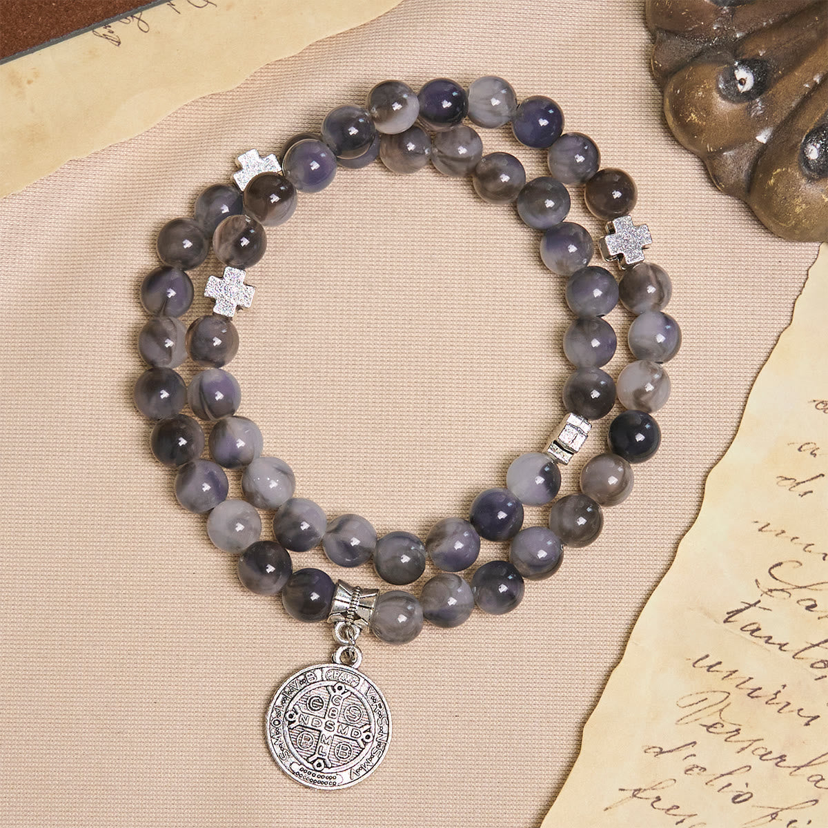 Gray Black Gradient Beads Bracelet Rosary with St. Benedict