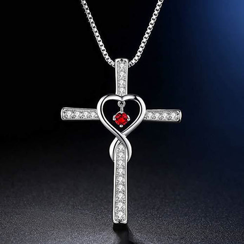 12-Month Birthstone Cross Necklace with Heart Design and Sparkling