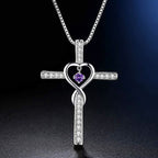 12-Month Birthstone Cross Necklace with Heart Design and Sparkling