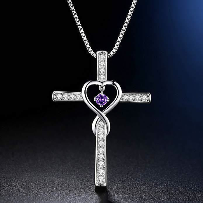 12-Month Birthstone Cross Necklace with Heart Design and Sparkling