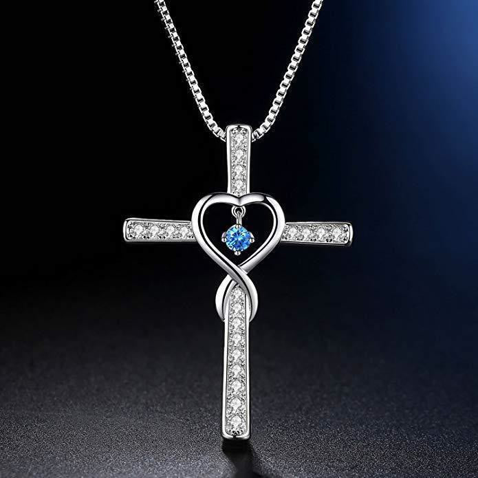 12-Month Birthstone Cross Necklace with Heart Design and Sparkling