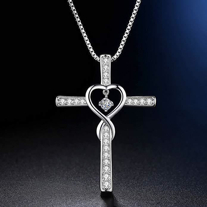 12-Month Birthstone Cross Necklace with Heart Design and Sparkling