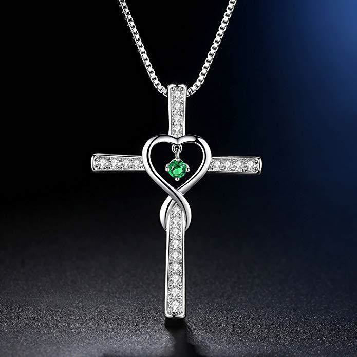 12-Month Birthstone Cross Necklace with Heart Design and Sparkling
