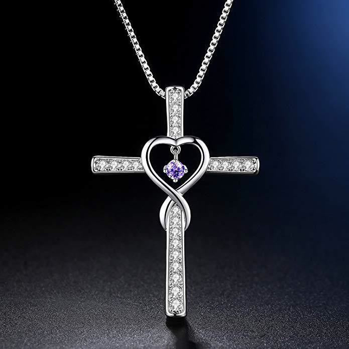 12-Month Birthstone Cross Necklace with Heart Design and Sparkling