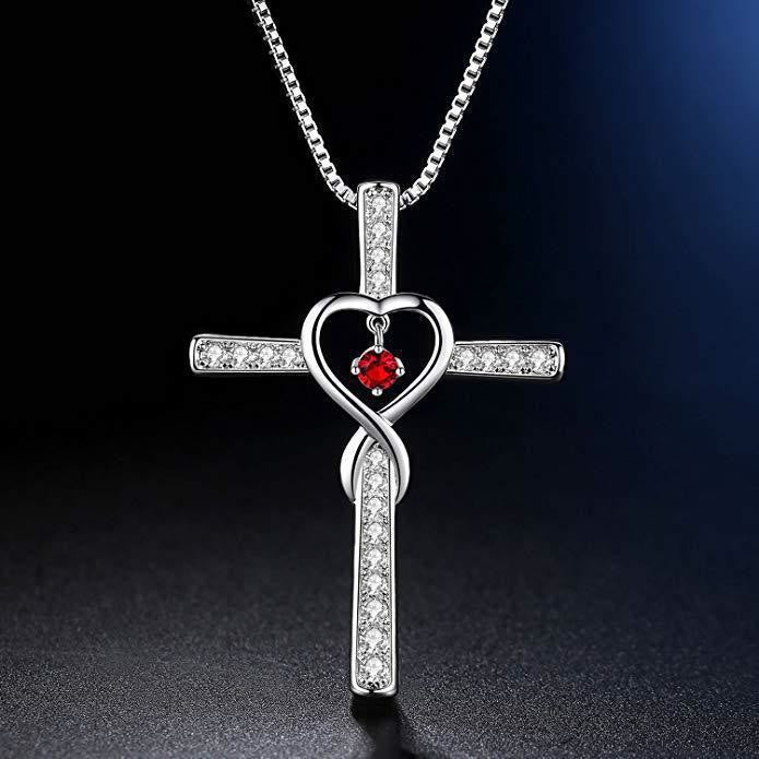 12-Month Birthstone Cross Necklace with Heart Design and Sparkling