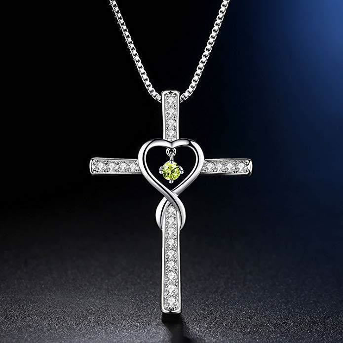12-Month Birthstone Cross Necklace with Heart Design and Sparkling