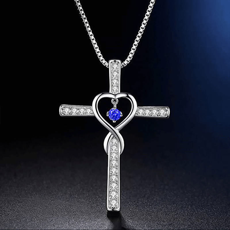 12-Month Birthstone Cross Necklace with Heart Design and Sparkling
