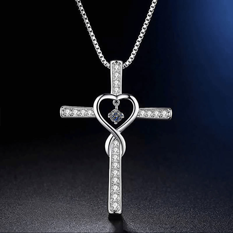 12-Month Birthstone Cross Necklace with Heart Design and Sparkling