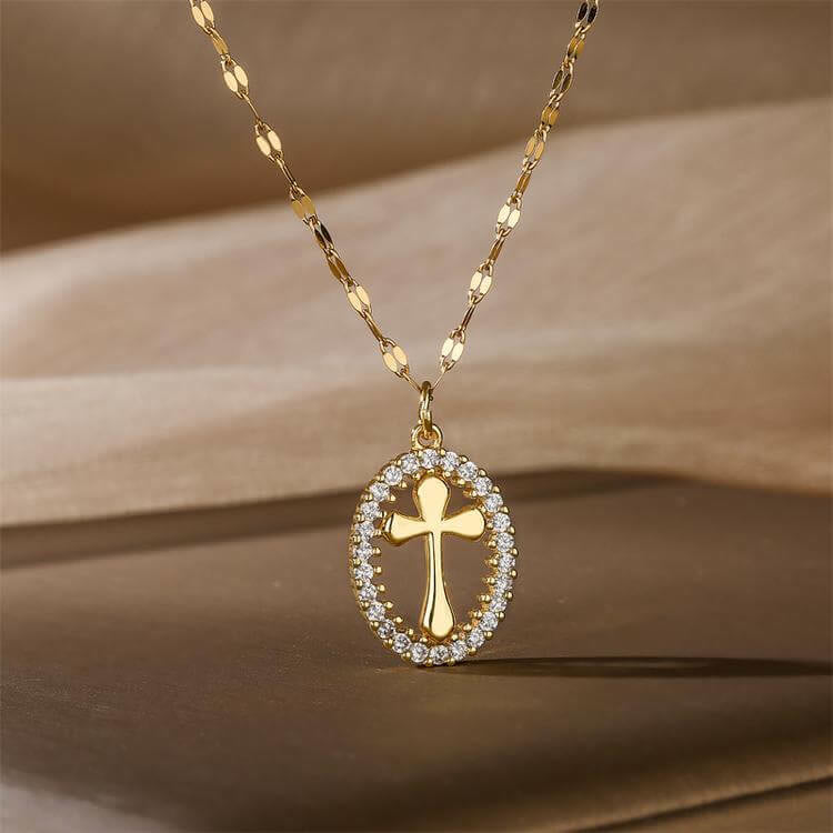 Elegant Oval Cross Necklace with Crystal Halo