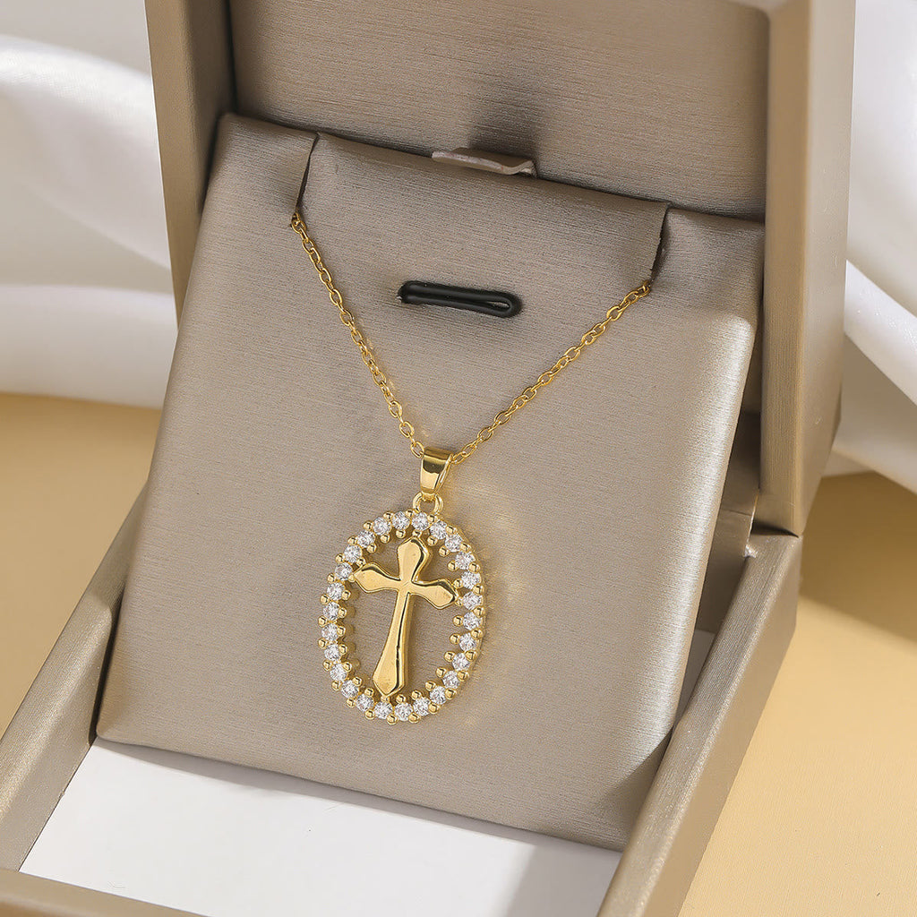 Elegant Oval Cross Necklace with Crystal Halo