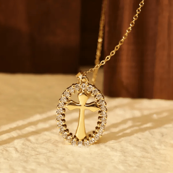 Elegant Oval Cross Necklace with Crystal Halo