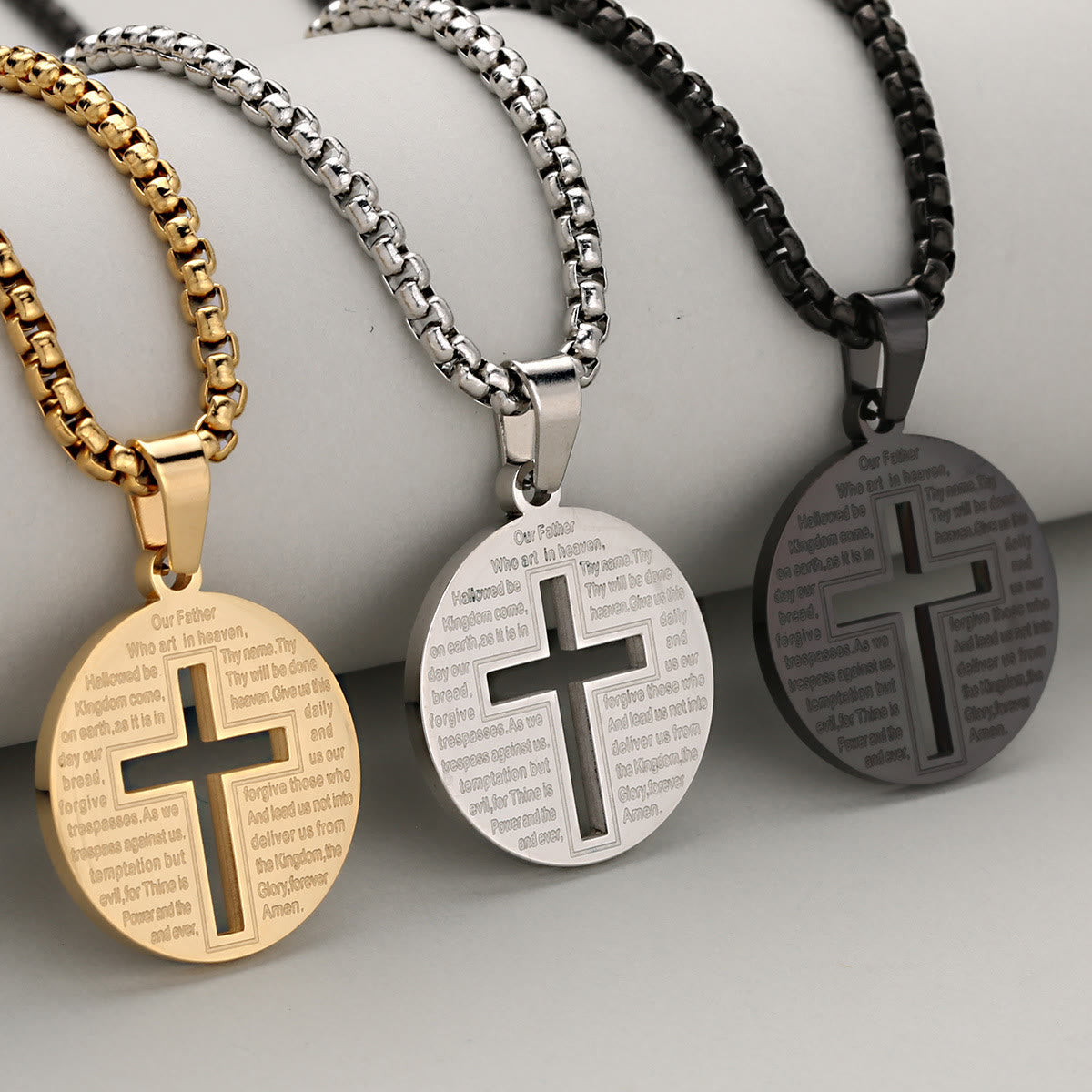 Hollow Cross Pendant Necklace with Inspirational Prayer in Three