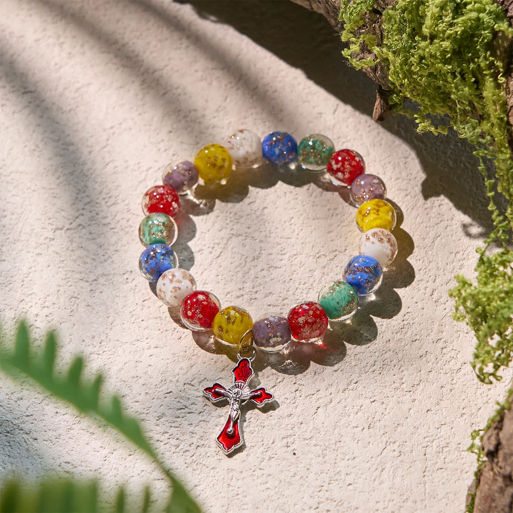 Colorful Glow-in-the-Dark Gold-Flecked Glass Bracelets with Crucifix