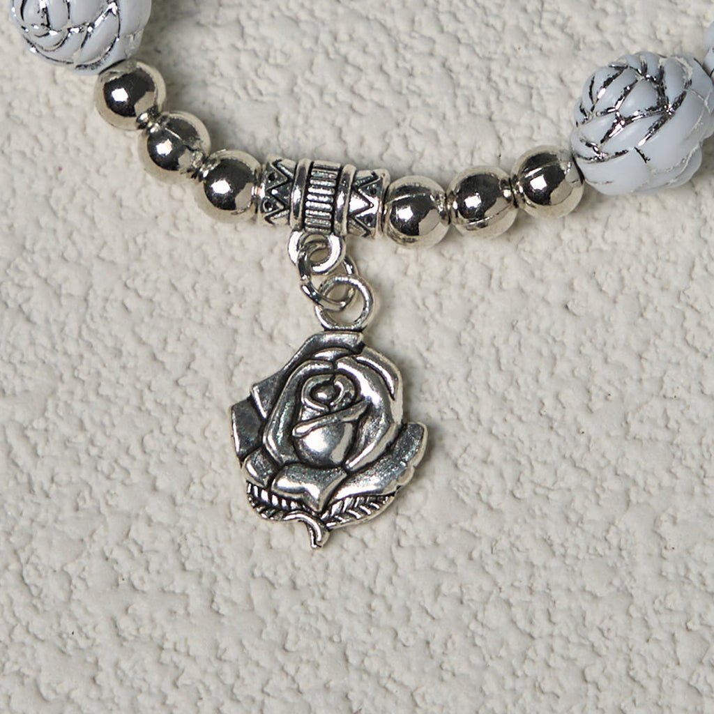 Delicate White Rose Devotional Beads Rosary and Bracelets with Virgin