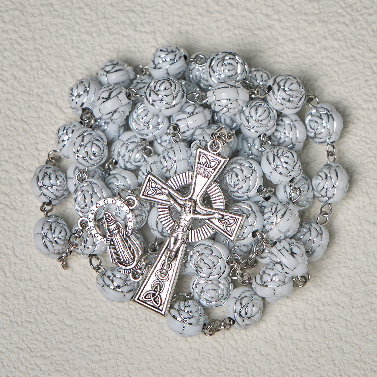 Delicate White Rose Devotional Beads Rosary and Bracelets with Virgin
