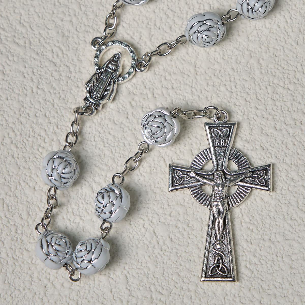 Delicate White Rose Devotional Beads Rosary and Bracelets with Virgin