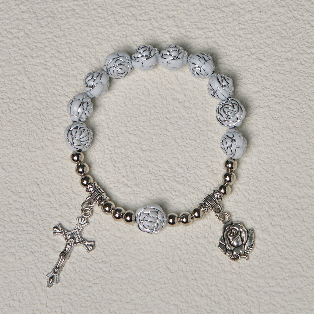 Delicate White Rose Devotional Beads Rosary and Bracelets with Virgin
