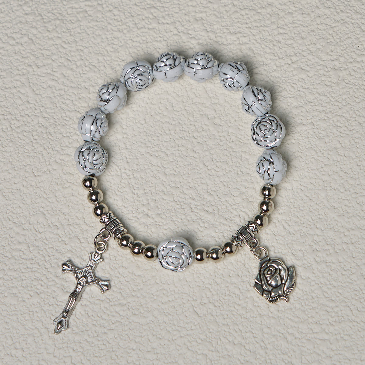 Delicate White Rose Devotional Beads Rosary and Bracelets with Virgin