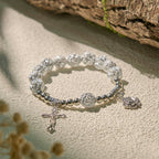 Delicate White Rose Devotional Beads Rosary and Bracelets with Virgin