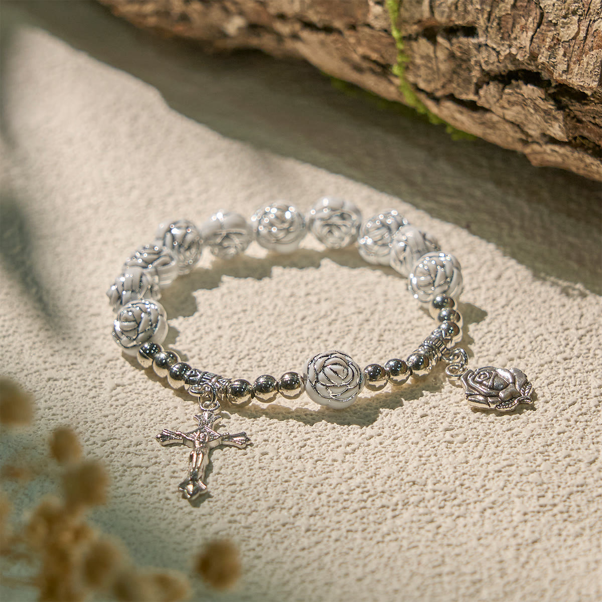 Delicate White Rose Devotional Beads Rosary and Bracelets with Virgin