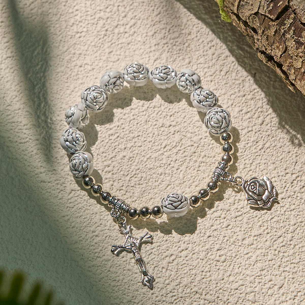 Delicate White Rose Devotional Beads Rosary and Bracelets with Virgin