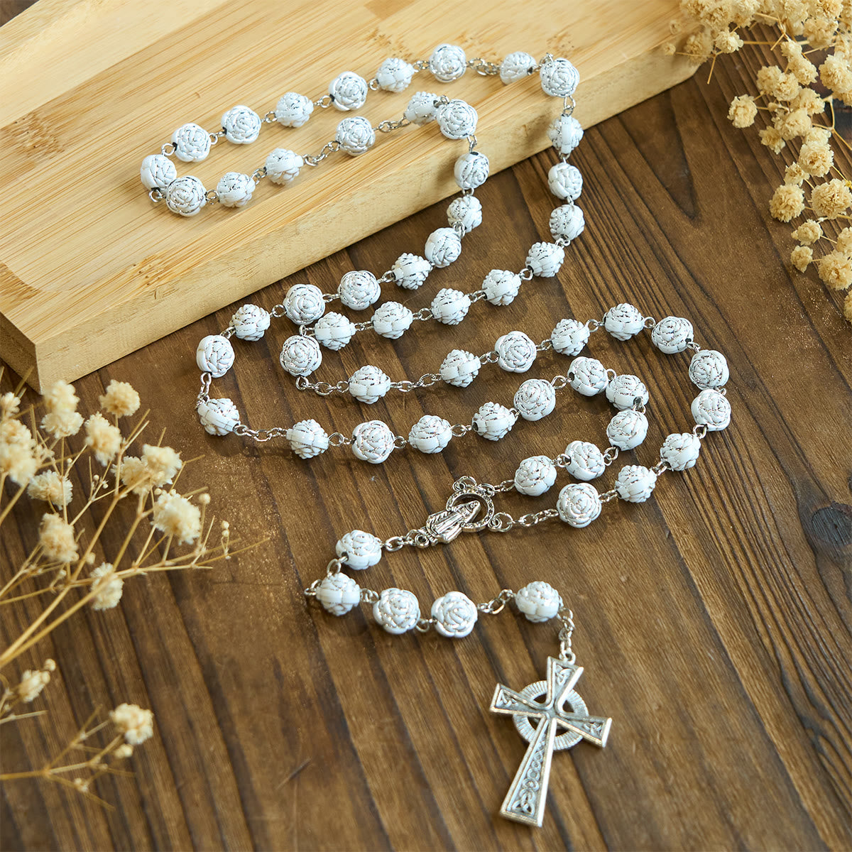 Delicate White Rose Devotional Beads Rosary and Bracelets with Virgin