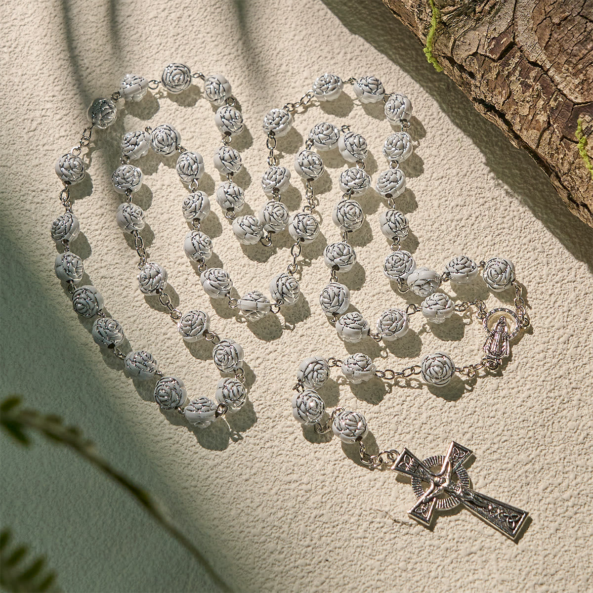 Delicate White Rose Devotional Beads Rosary and Bracelets with Virgin