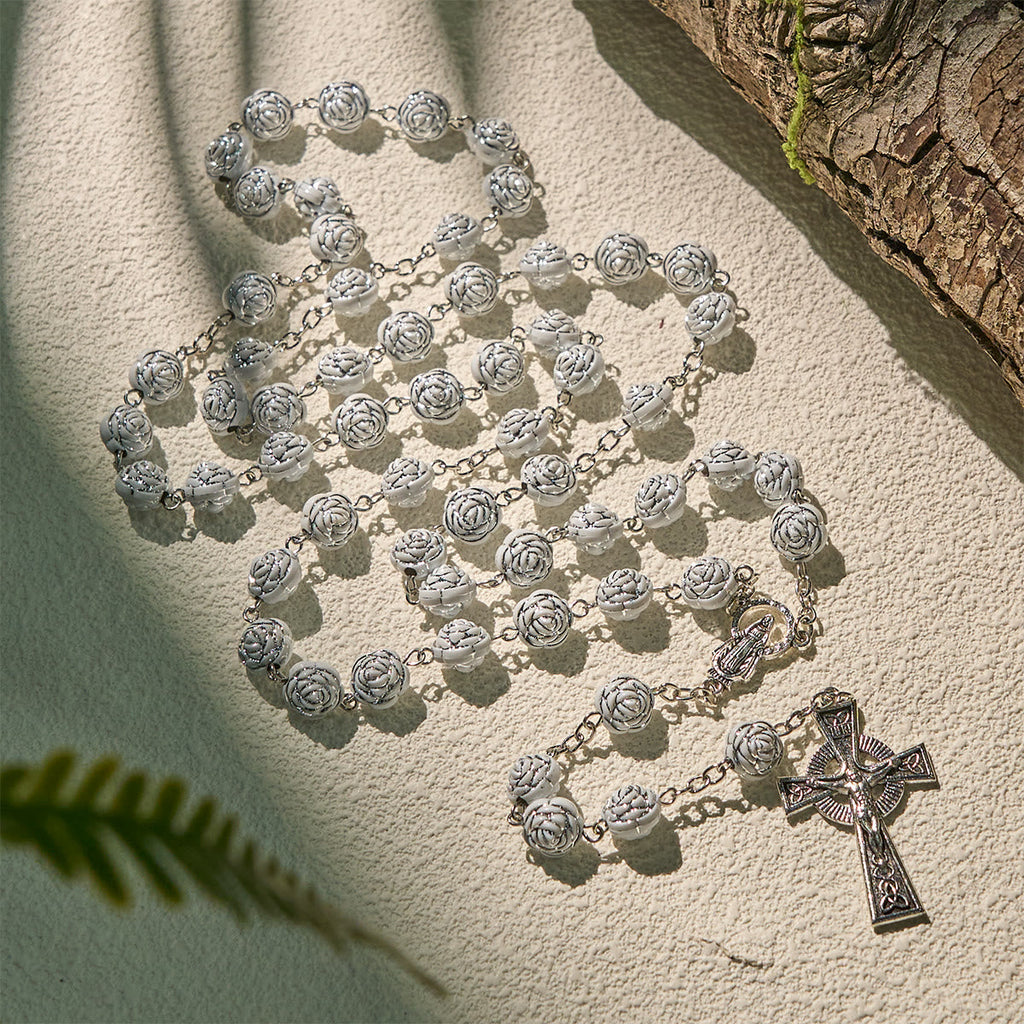 Delicate White Rose Devotional Beads Rosary and Bracelets with Virgin