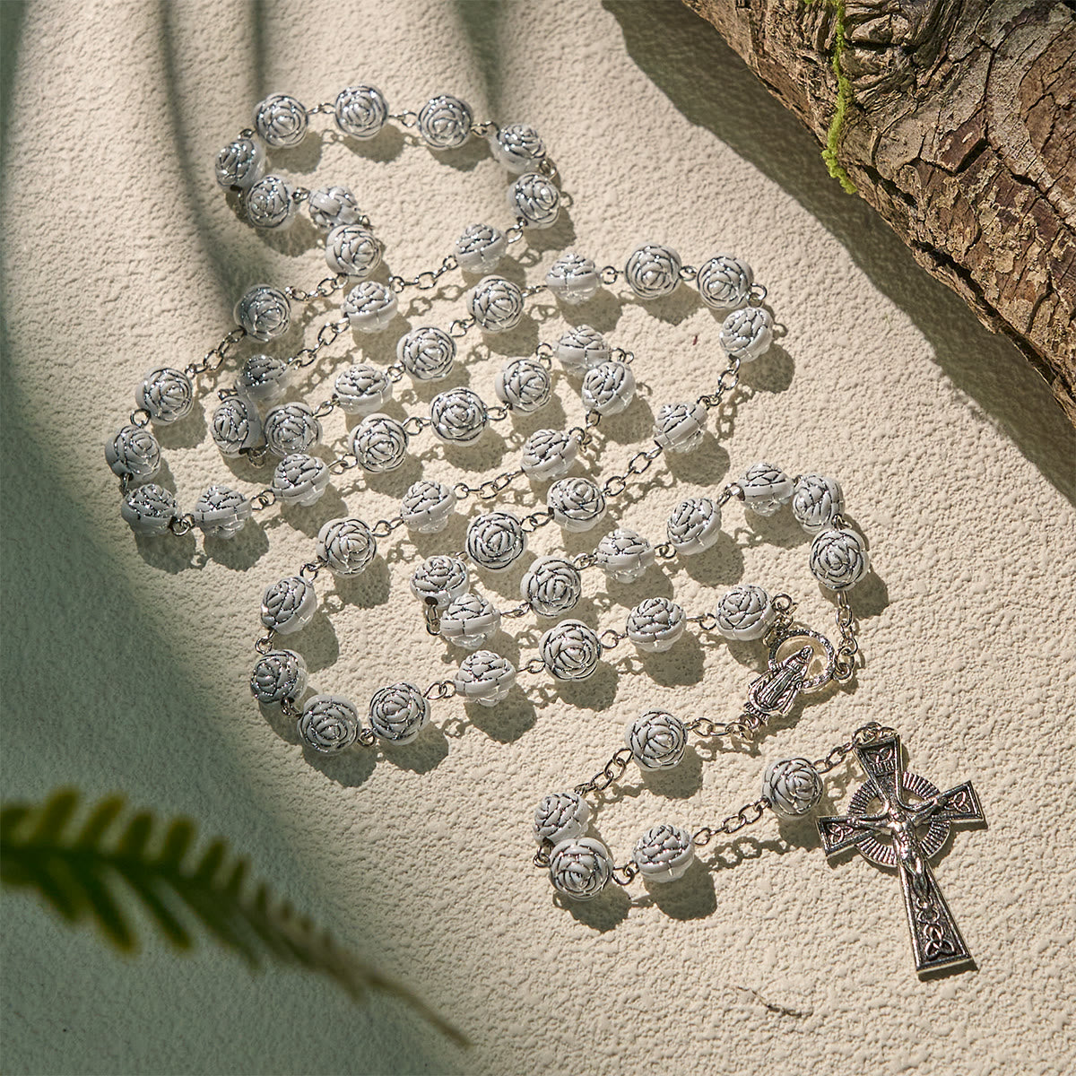 Delicate White Rose Devotional Beads Rosary and Bracelets with Virgin