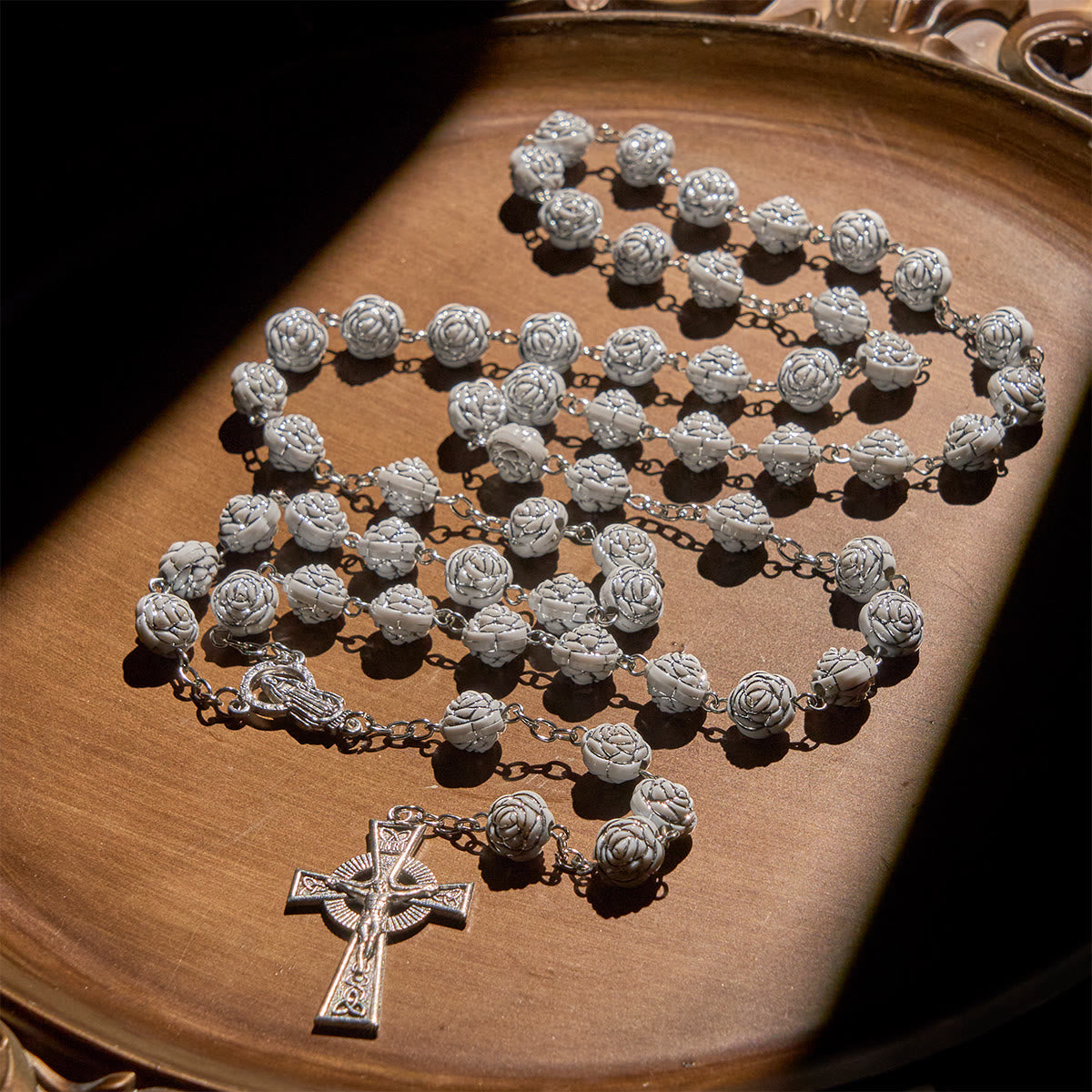 Delicate White Rose Devotional Beads Rosary and Bracelets with Virgin