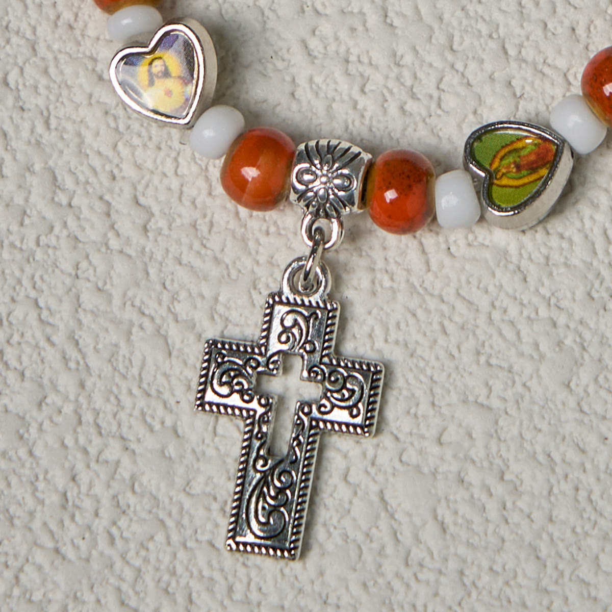 Colorful Glass & Ceramic Bead Bracelets with Cross and Saints Heart
