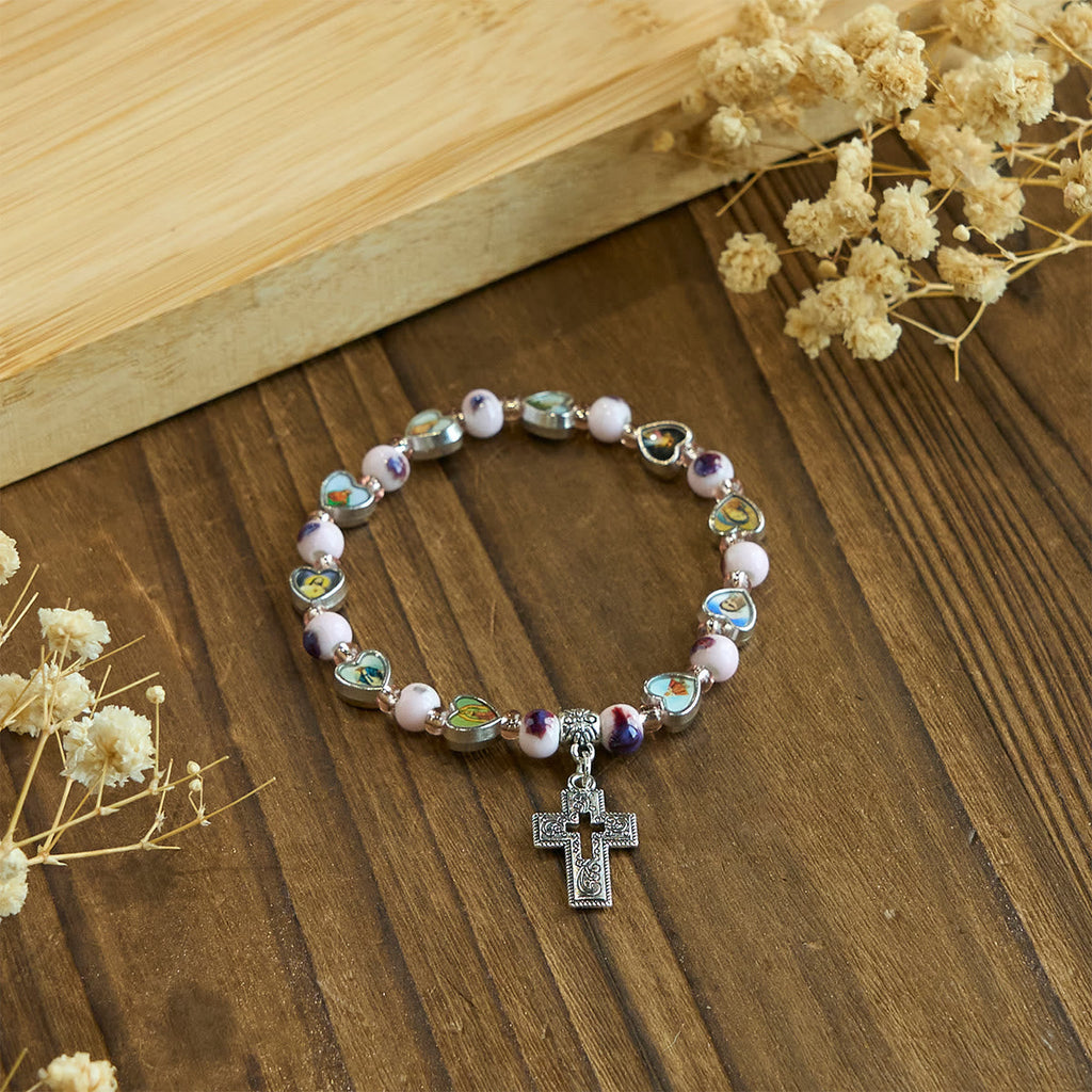 Colorful Glass & Ceramic Bead Bracelets with Cross and Saints Heart