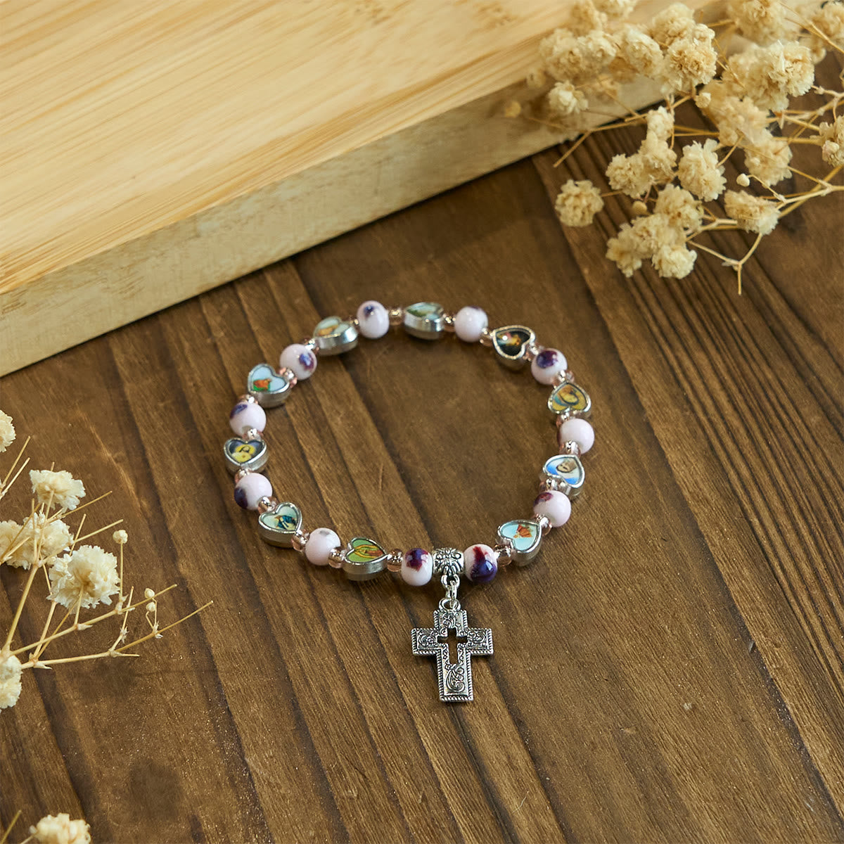 Colorful Glass & Ceramic Bead Bracelets with Cross and Saints Heart