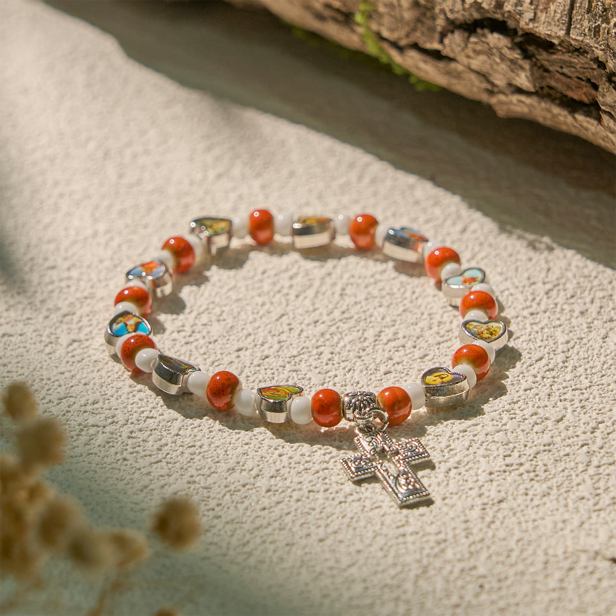 Colorful Glass & Ceramic Bead Bracelets with Cross and Saints Heart
