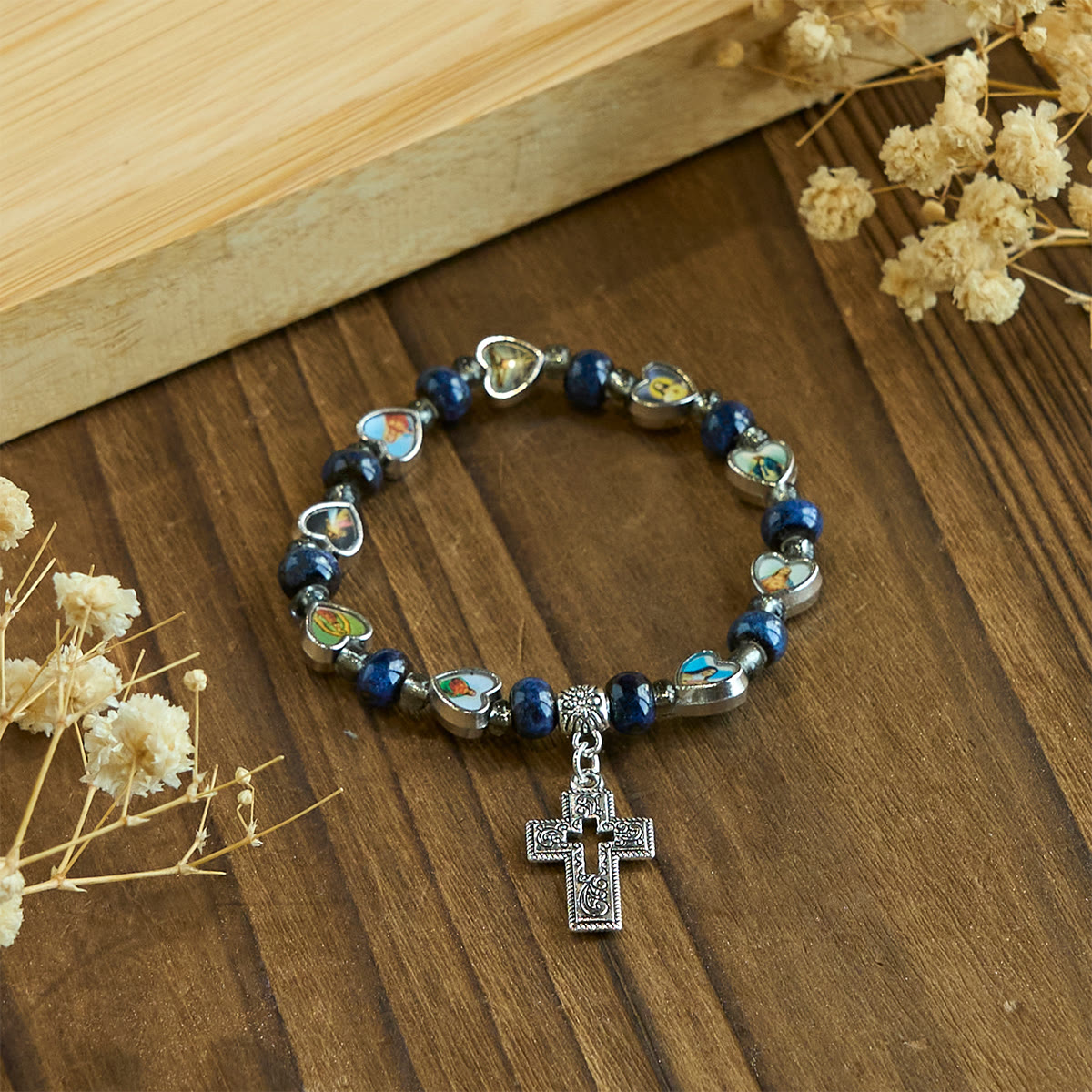 Colorful Glass & Ceramic Bead Bracelets with Cross and Saints Heart