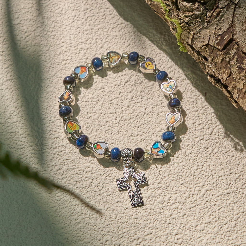 Colorful Glass & Ceramic Bead Bracelets with Cross and Saints Heart