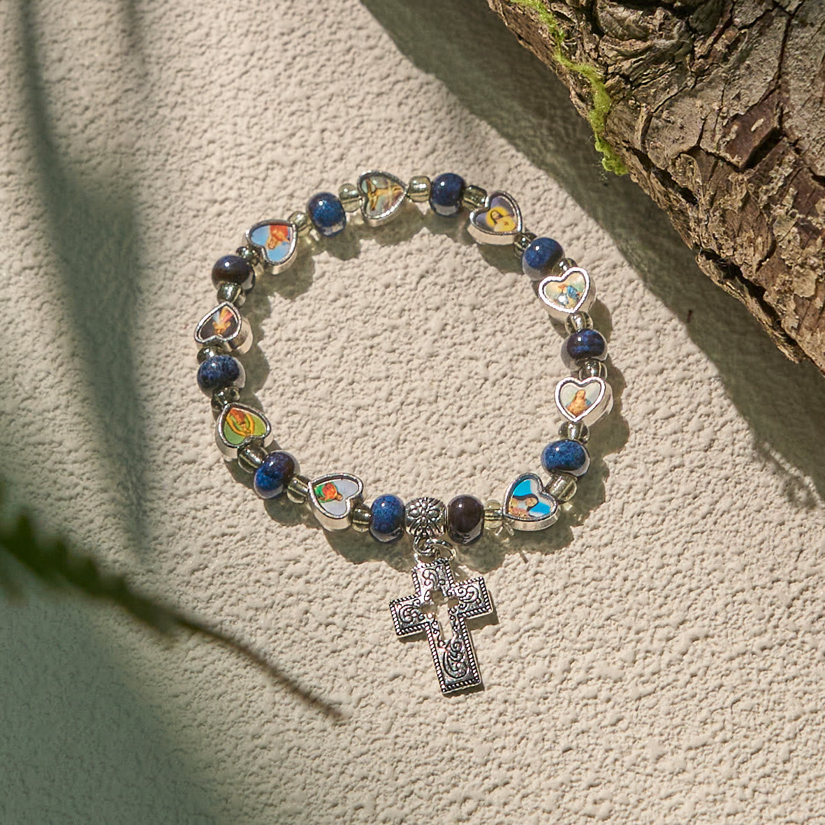 Colorful Glass & Ceramic Bead Bracelets with Cross and Saints Heart