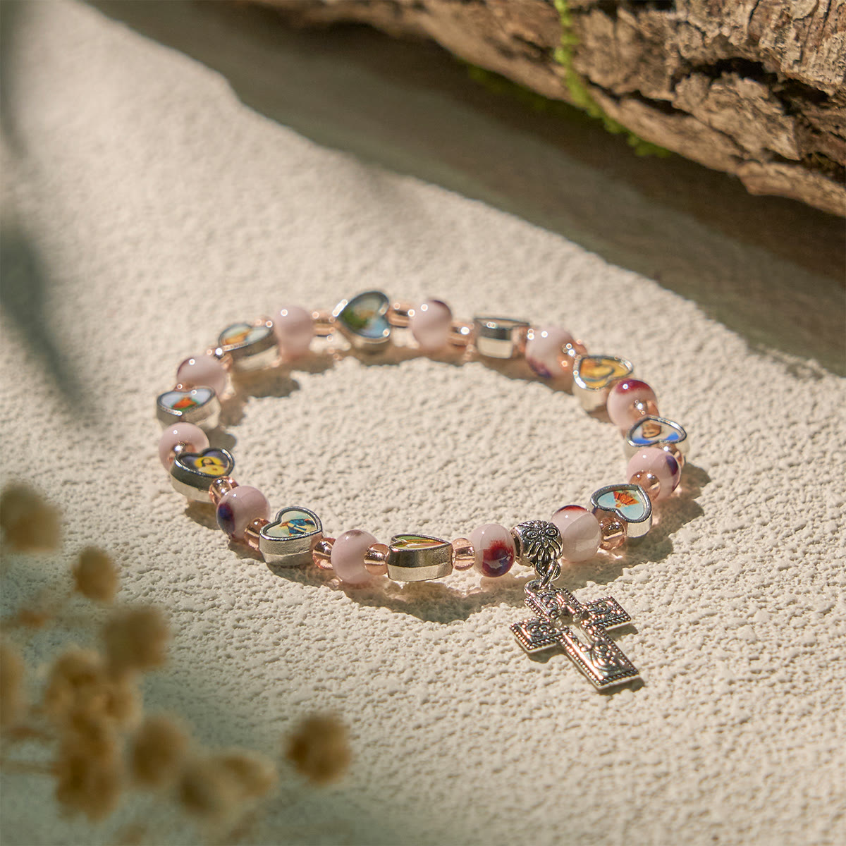 Colorful Glass & Ceramic Bead Bracelets with Cross and Saints Heart