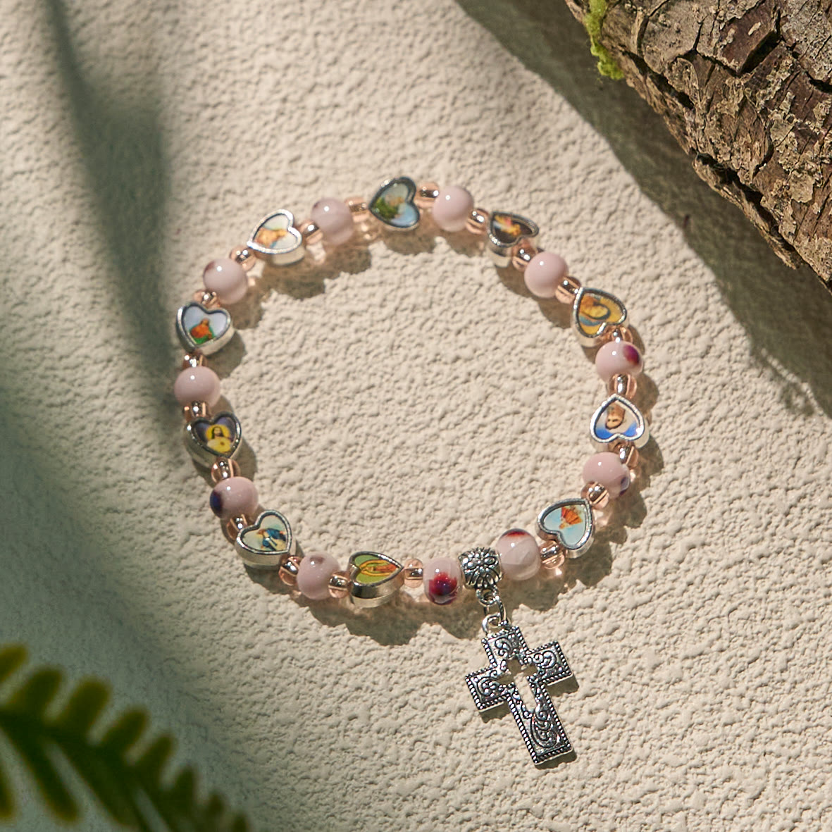 Colorful Glass & Ceramic Bead Bracelets with Cross and Saints Heart