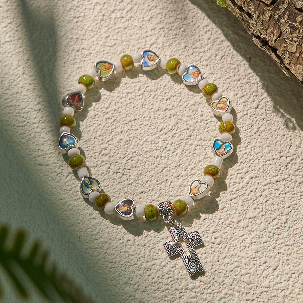 Colorful Glass & Ceramic Bead Bracelets with Cross and Saints Heart