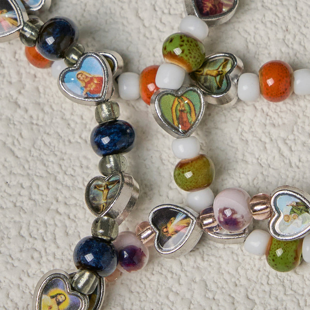 Colorful Glass & Ceramic Bead Bracelets with Cross and Saints Heart