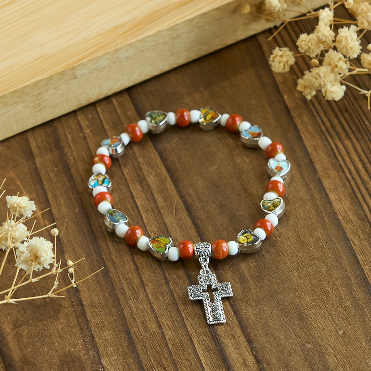 Colorful Glass & Ceramic Bead Bracelets with Cross and Saints Heart