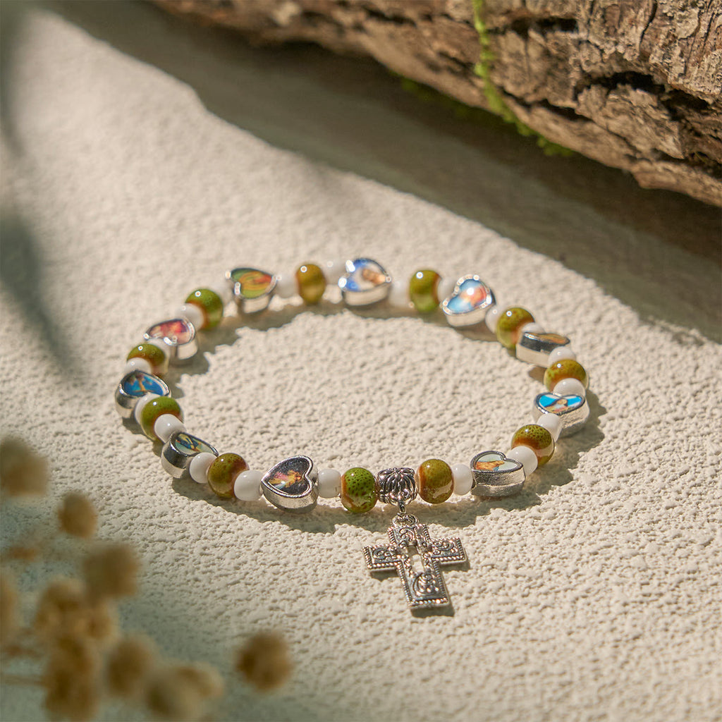 Colorful Glass & Ceramic Bead Bracelets with Cross and Saints Heart