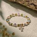Colorful Glass & Ceramic Bead Bracelets with Cross and Saints Heart