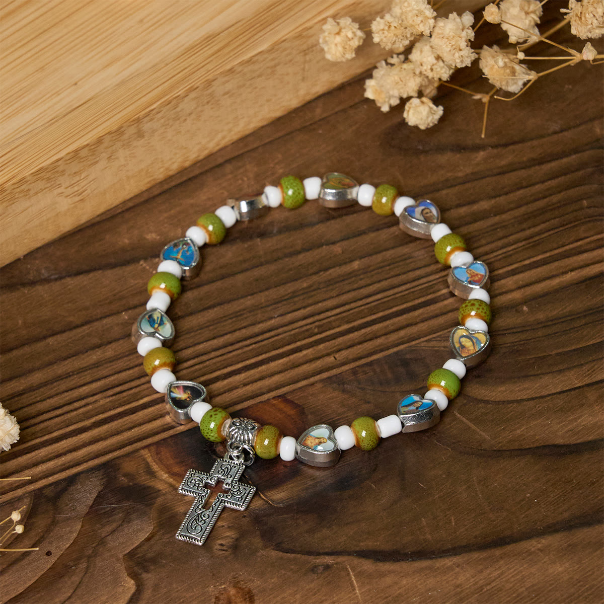 Colorful Glass & Ceramic Bead Bracelets with Cross and Saints Heart