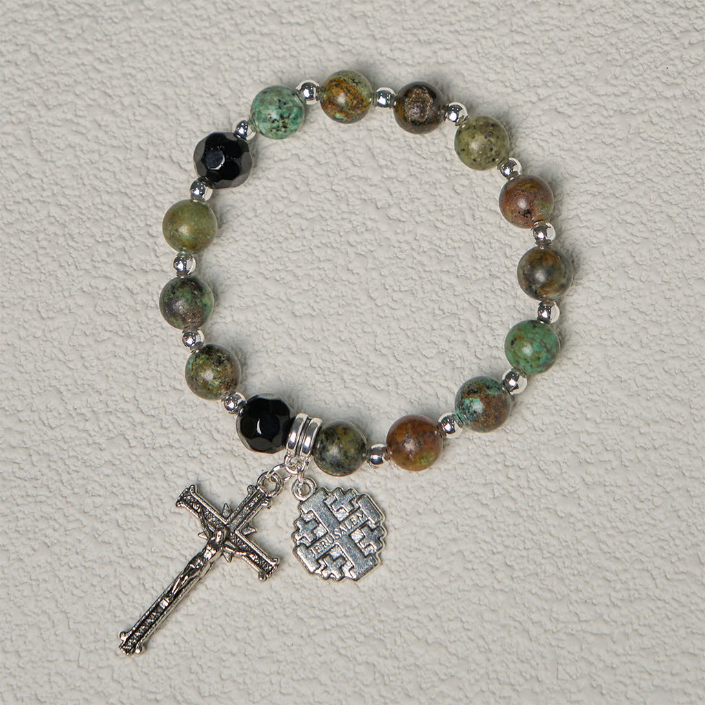 Earthy Spiritual Rosary-Inspired Bracelets with Crucifix and Jerusalem